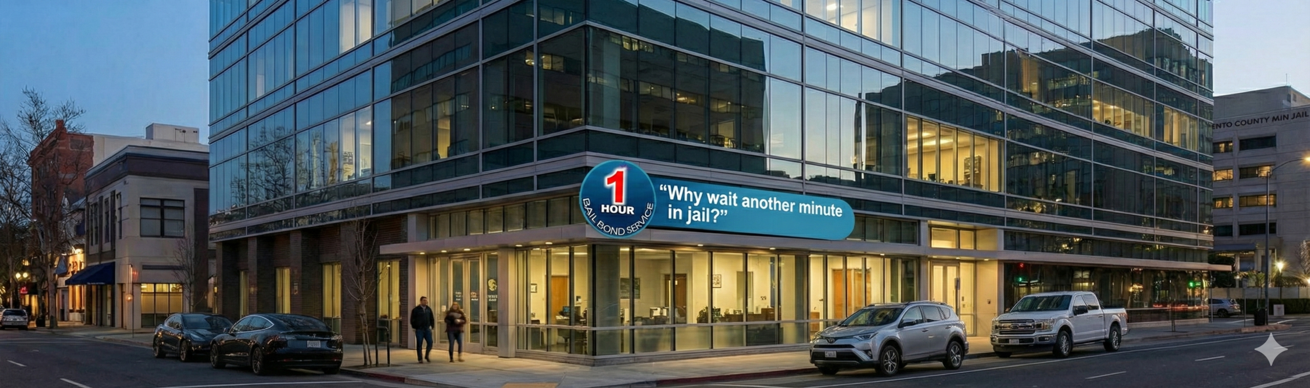 Exterior of the 1 Hour Bail Bonds office at 801 J Street, a trusted location for fast Sacramento bail bonds services